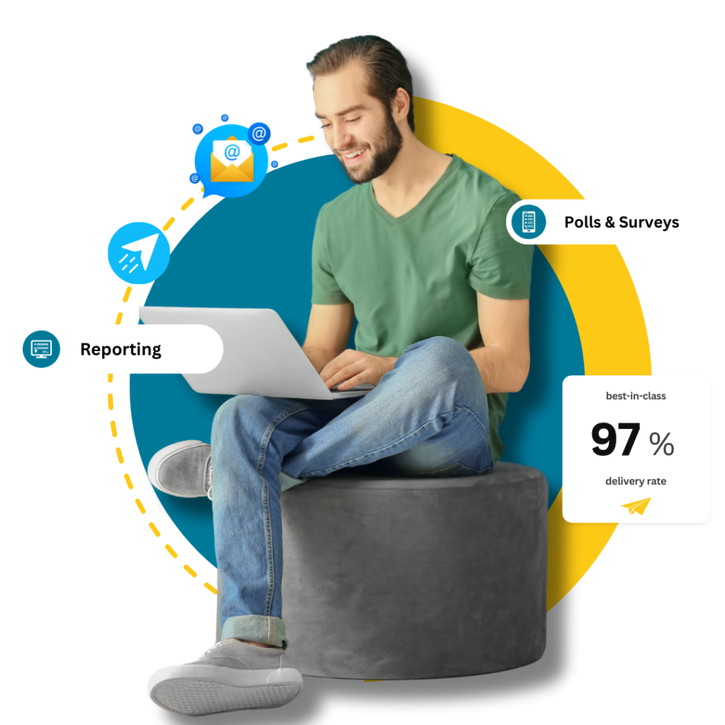 Man seating sending emails with high delivery rate